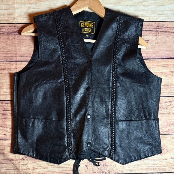 Black Leather Vest with Lace up and Braided Details. - Picture 1 of 11